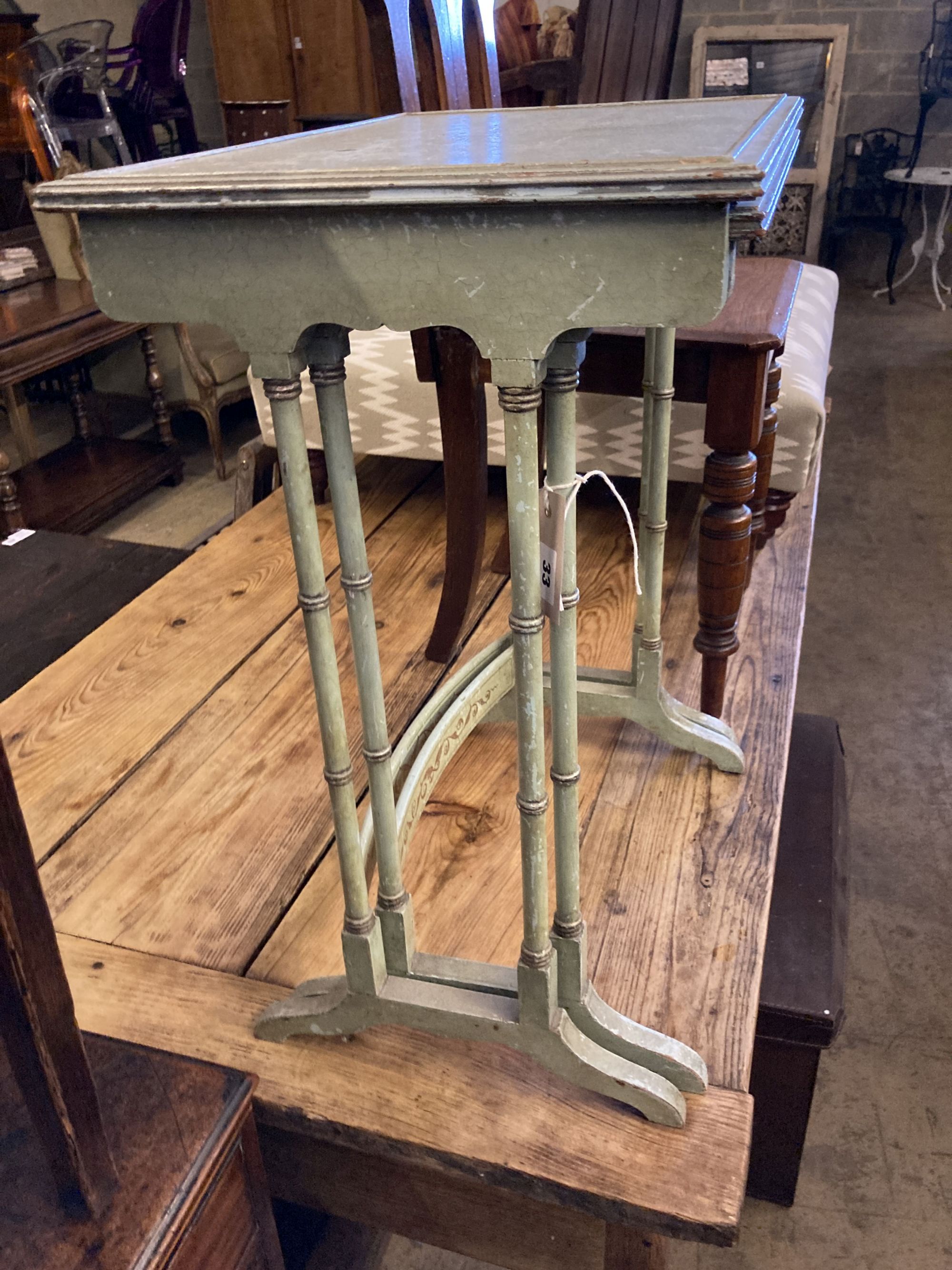 A nest of two painted rectangular tea tables and a Victorian Gothic style walnut hall chair